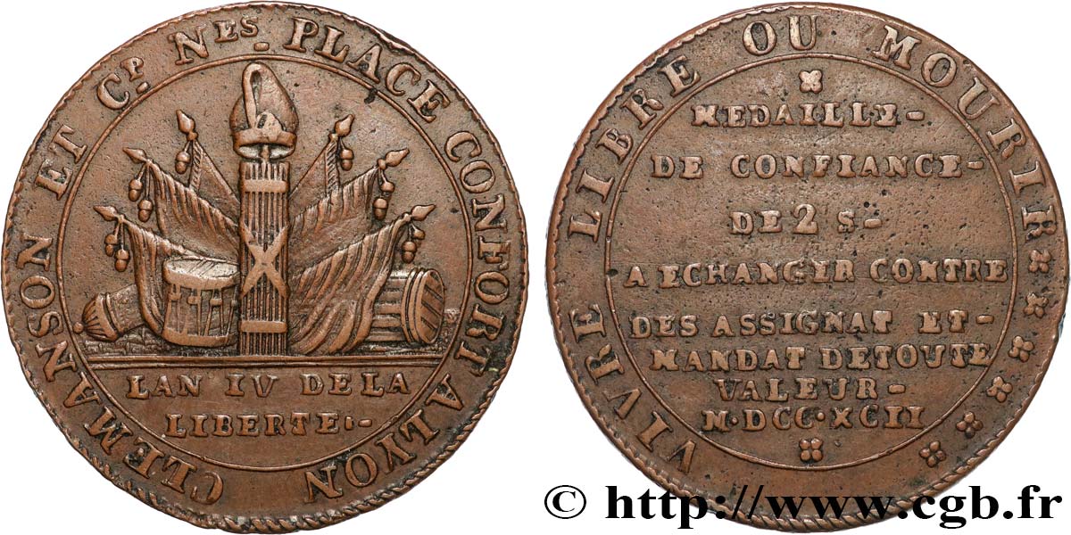 REVOLUTION COINAGE 2 sols de Clémanson au faisceau 1792 Lyon XF