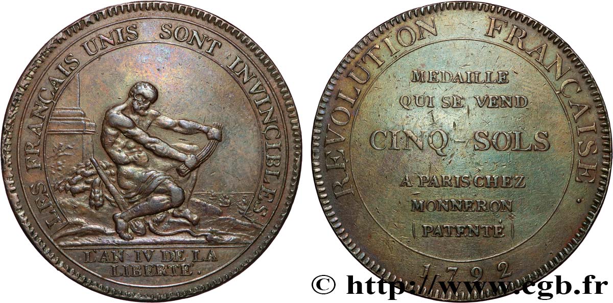 REVOLUTION COINAGE Monneron de 5 sols à l Hercule, frappe monnaie 1792 Birmingham, Soho MBC+