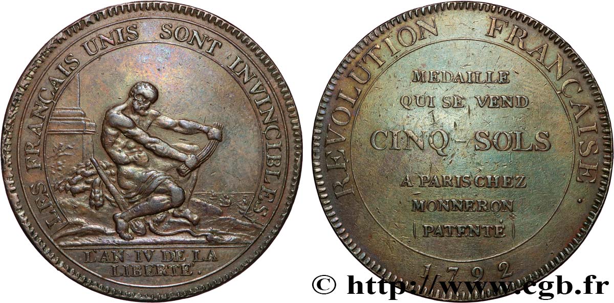 REVOLUTION COINAGE Monneron de 5 sols à l Hercule, frappe monnaie 1792 Birmingham, Soho q.SPL