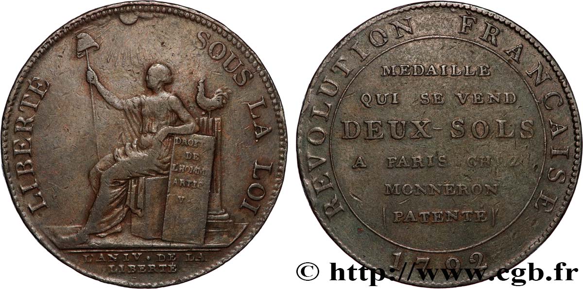 REVOLUTION COINAGE / CONFIANCE (MONNAIES DE…) Monneron de 2 sols à la Liberté 1792 Birmingham, Soho XF