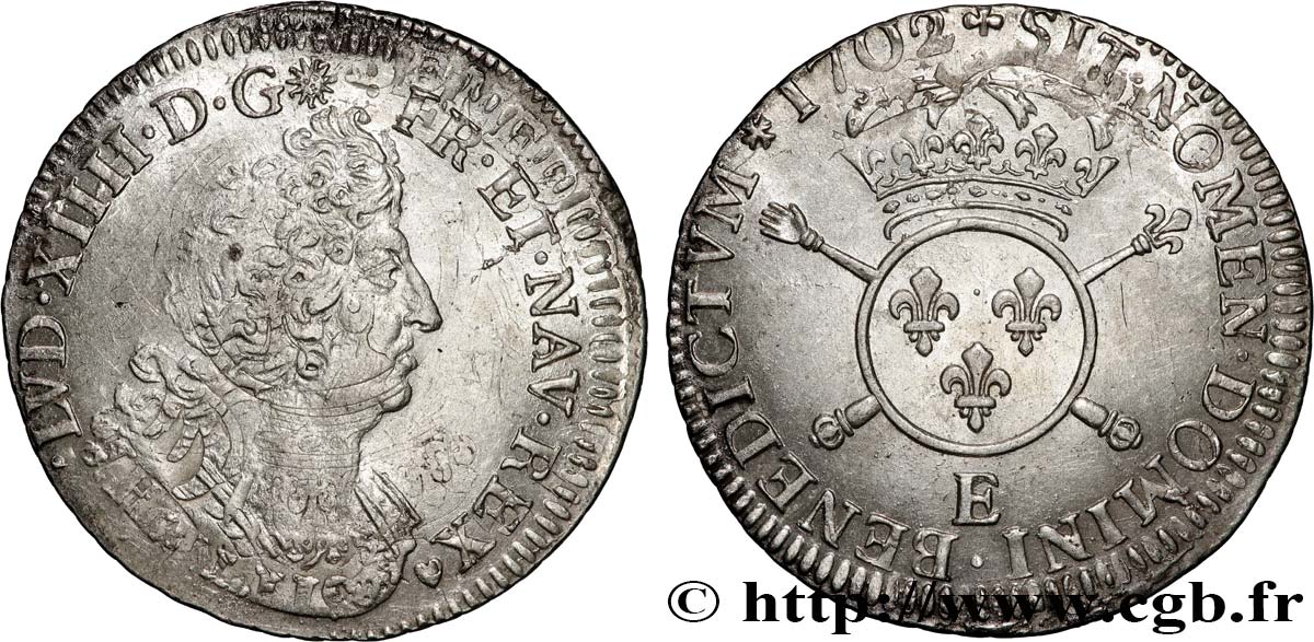 LOUIS XIV  THE SUN KING  Quart d écu aux insignes 1702 Tours EBC