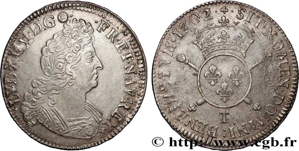 LOUIS XIV  THE SUN KING  Demi-écu aux insignes 1702 Nantes BB