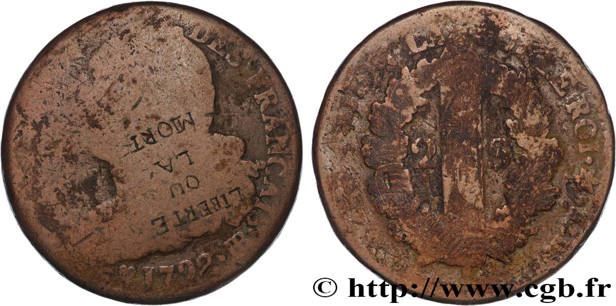 LOUIS XVI (MONARQUE CONSTITUTIONNEL)  2 sols dit  au faisceau , type FRANÇAIS 1792 Strasbourg TB