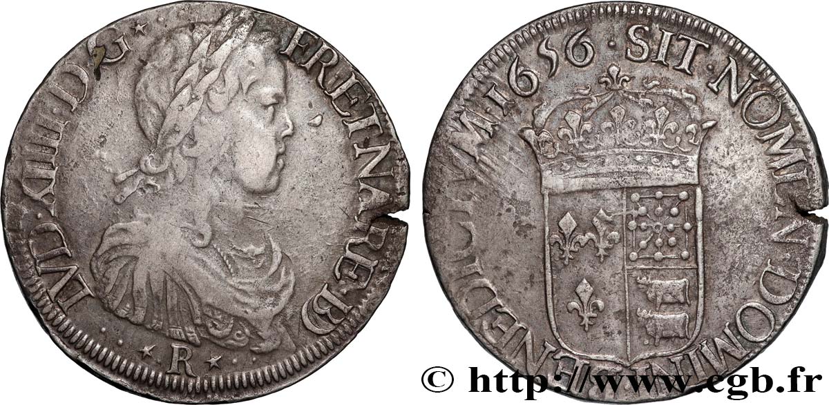 LOUIS XIV  THE SUN KING  Écu de Béarn, portrait à la mèche longue 1656 Pau XF