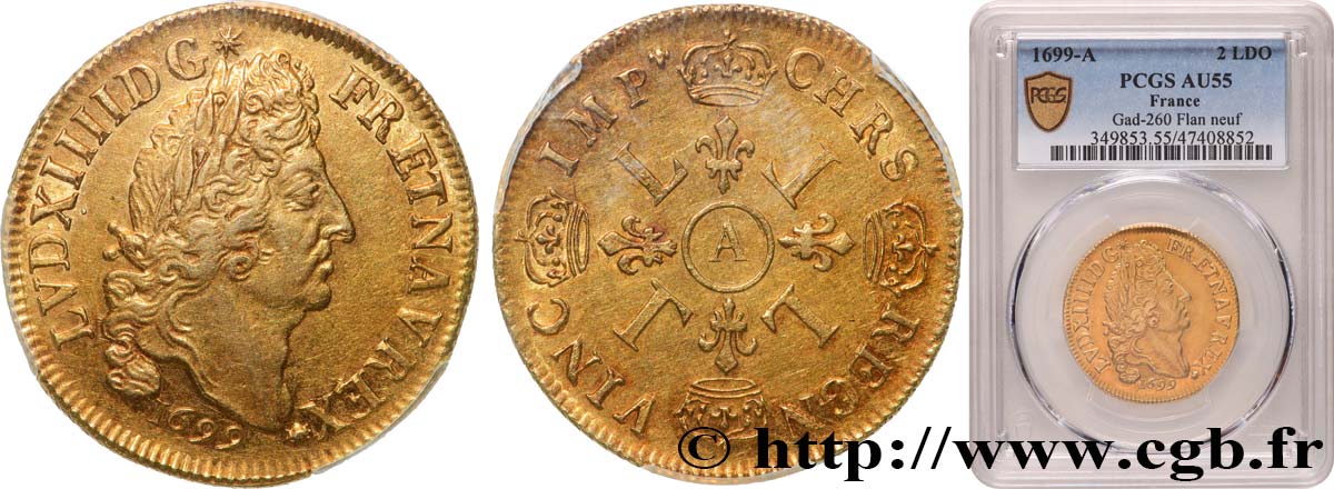LOUIS XIV  THE SUN KING  Double louis d or aux quatre L 1699 Paris EBC55