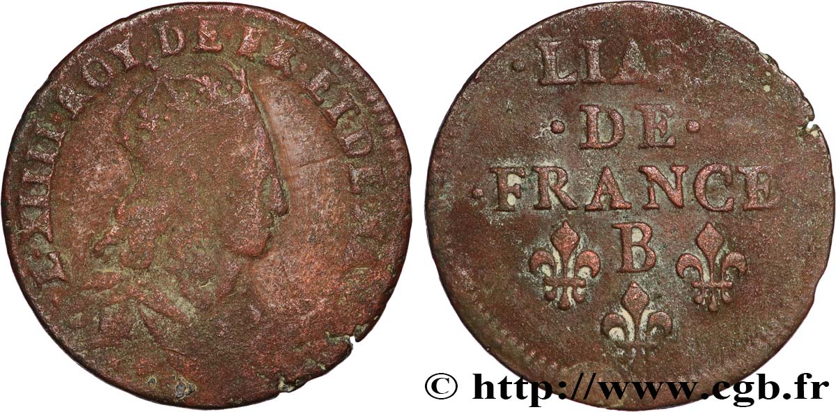 LOUIS XIV  THE SUN KING  Liard de cuivre, 2e type n.d. Pont-de-l’Arche MB/q.BB