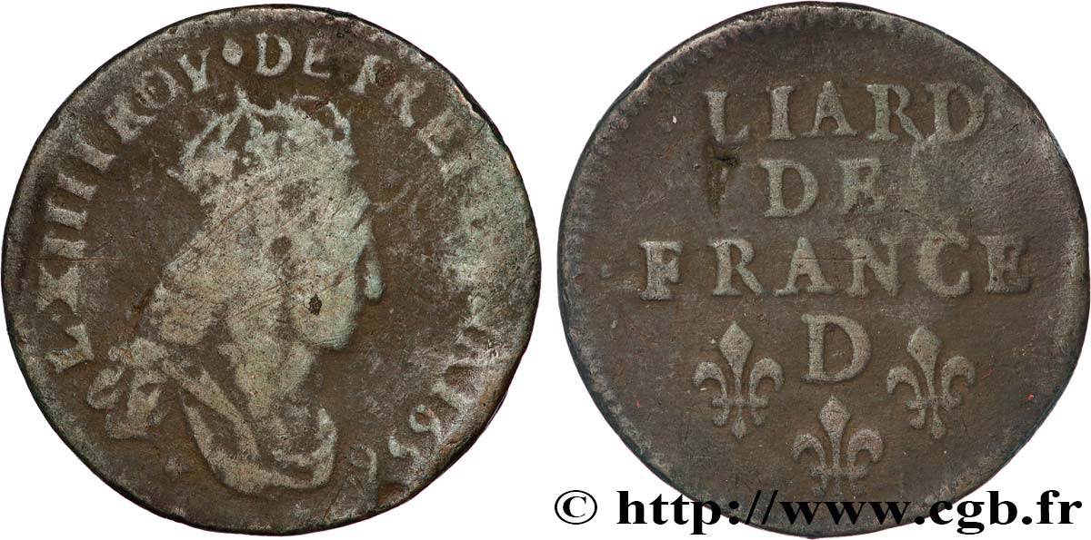 LOUIS XIV  THE SUN KING  Liard de cuivre, 2e type 1656 Vimy-en-Lyonnais (actuellement Neuville-sur-Saône) VF/VF