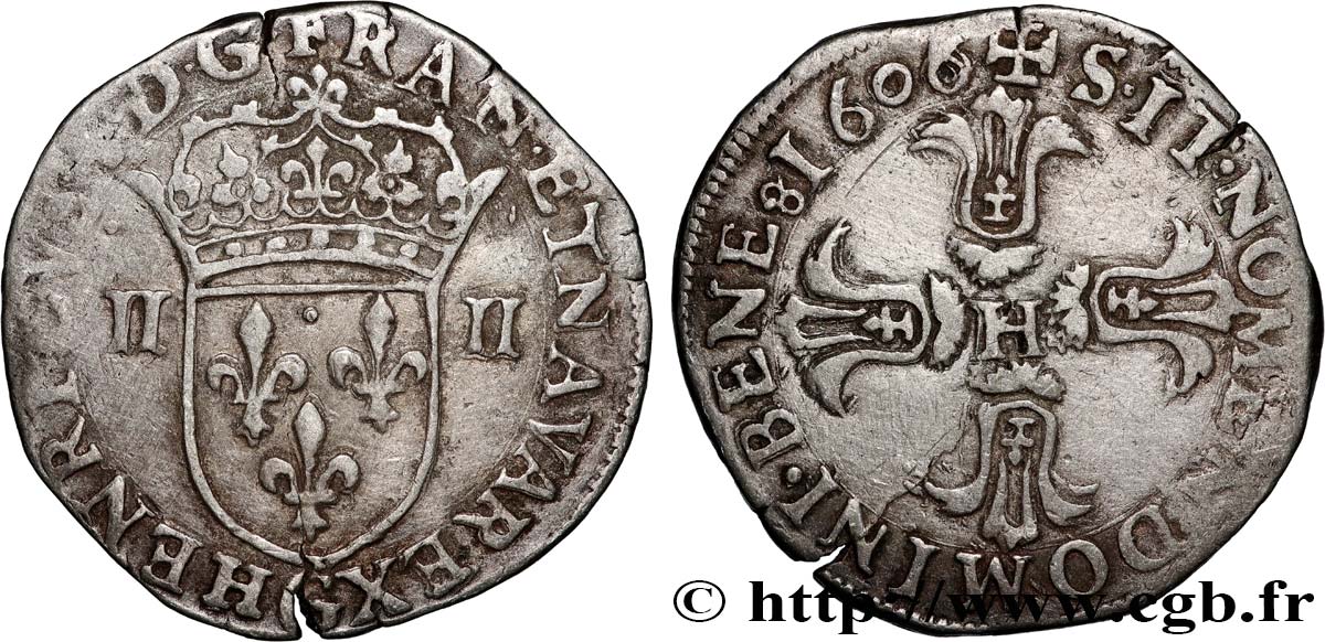 HENRI IV LE GRAND Quart d écu, écu de face, 3e type 1606 Poitiers TTB