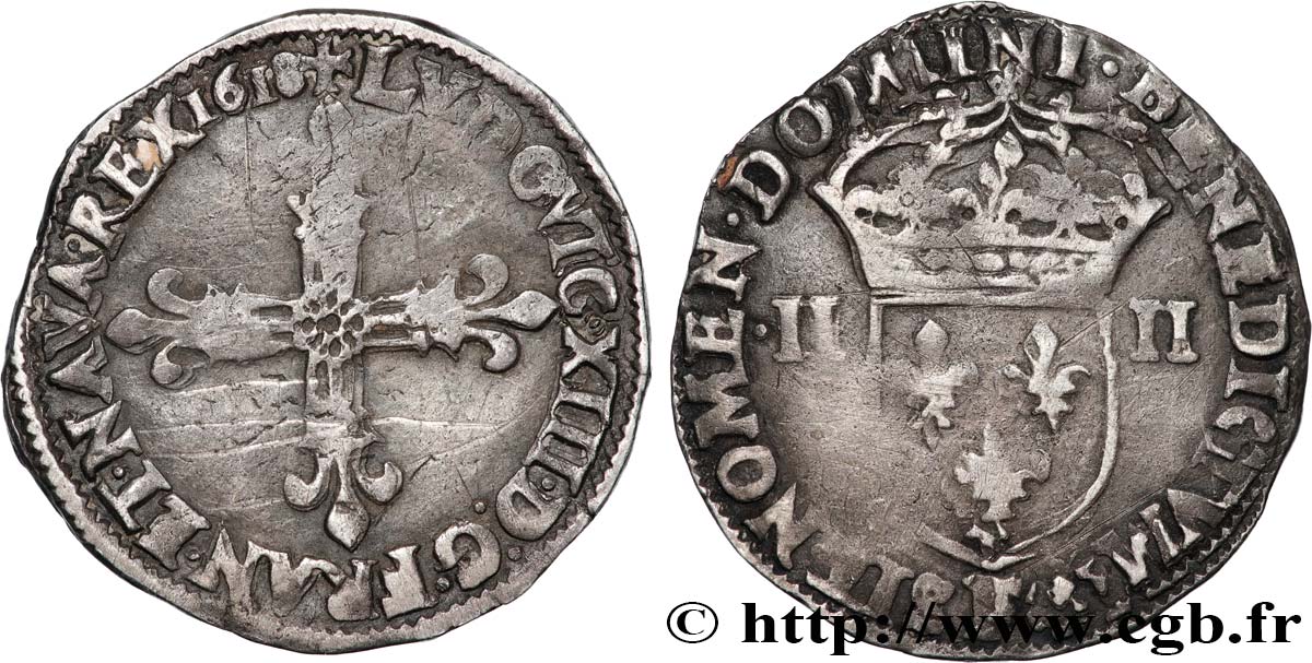 LOUIS XIII LE JUSTE Quart d écu, à la croix fleurdelisée, titulature côté croix 1618 Angers TB+