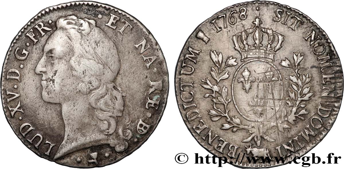 LOUIS XV DIT LE BIEN AIMÉ Écu aux branches d’olivier, tête ceinte d’un bandeau 1768 Pau TB+