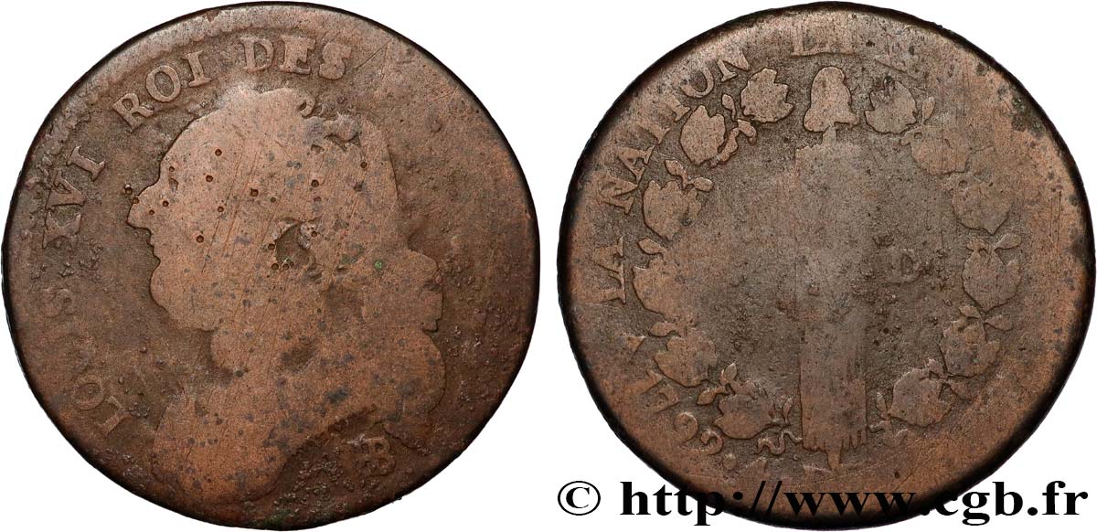 LOUIS XVI (MONARQUE CONSTITUTIONNEL)  12 deniers dit  au faisceau , type FRANÇAIS 1792 Strasbourg B+