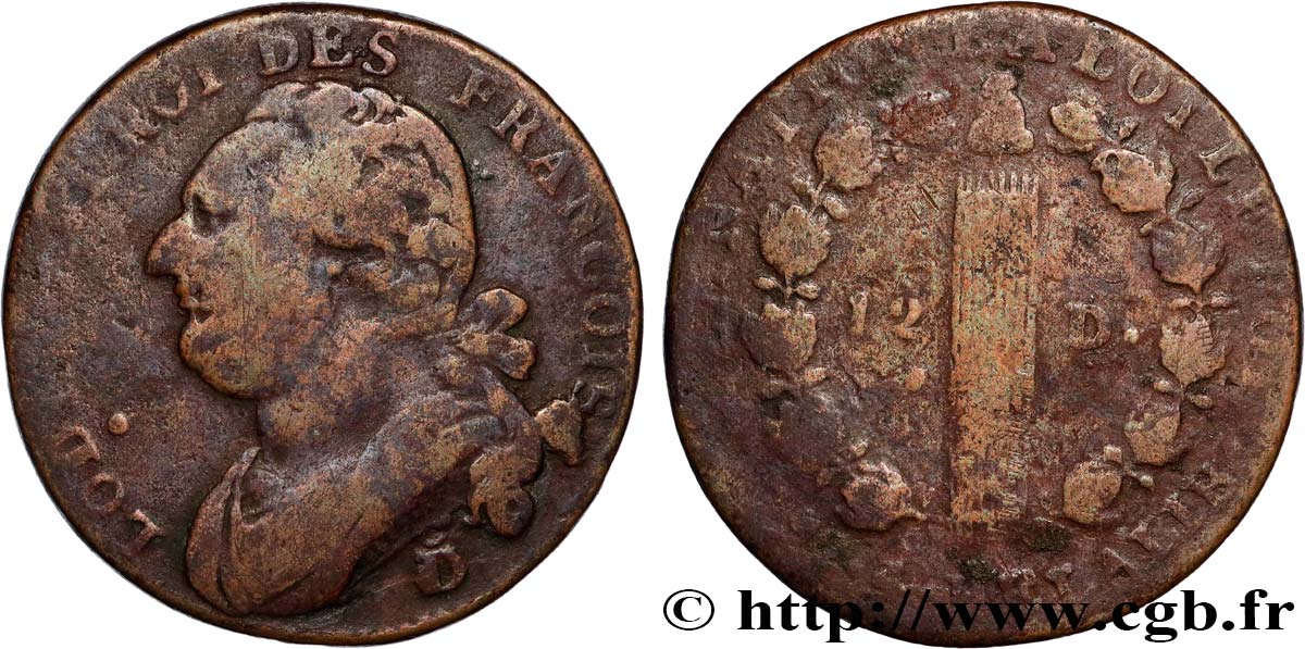 LOUIS XVI (MONARQUE CONSTITUTIONNEL)  12 deniers dit  au faisceau , type FRANCOIS 1792 Lyon TB
