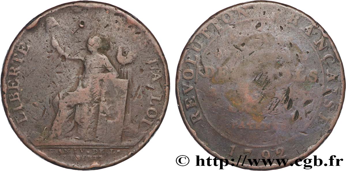 REVOLUTION COINAGE Monneron de 2 sols à la Liberté 1792 Birmingham, Soho fS