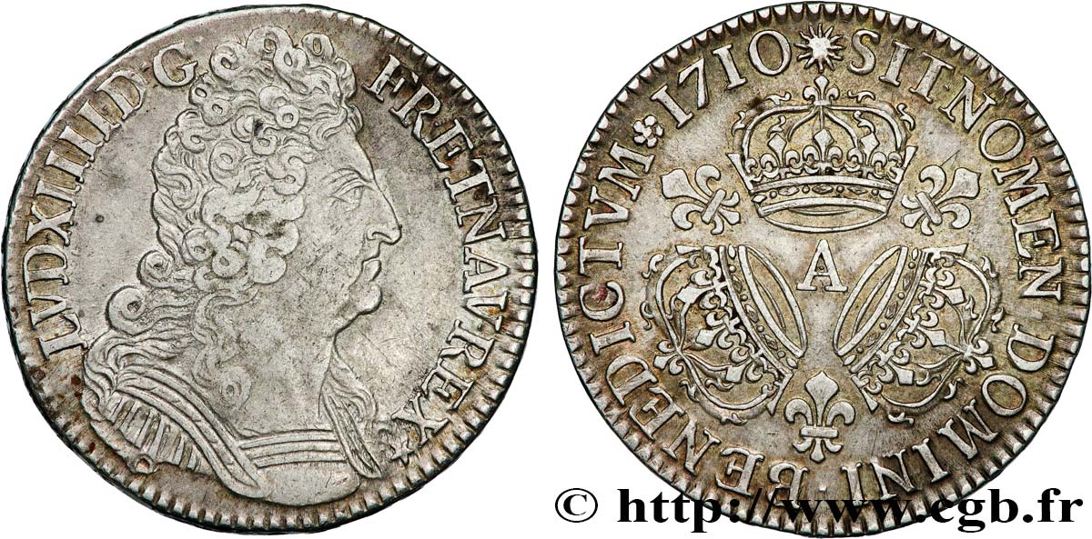 LOUIS XIV  THE SUN KING  Demi-écu aux trois couronnes 1710 Paris XF/AU