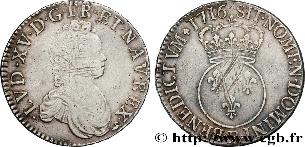 LOUIS XV  THE WELL-BELOVED  Écu dit  vertugadin  1716 Rouen XF