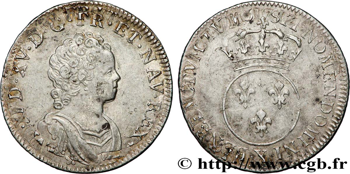 LOUIS XV THE BELOVED Quart d écu dit “vertugadin” 1716 Amiens XF/AU