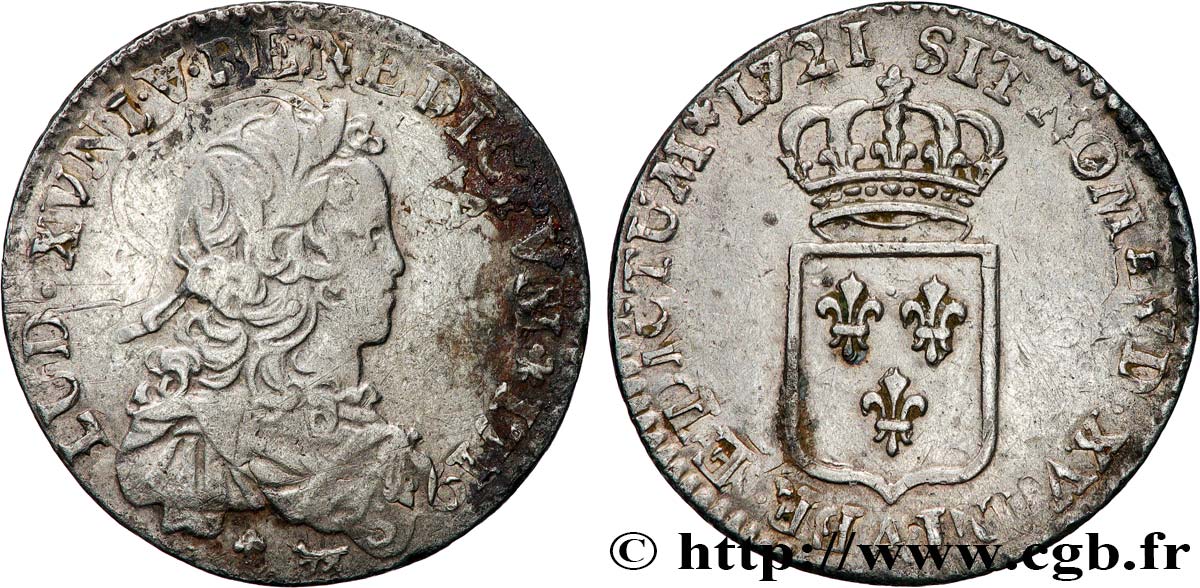 LOUIS XV THE BELOVED Sixième d écu de France 1721 Paris VF