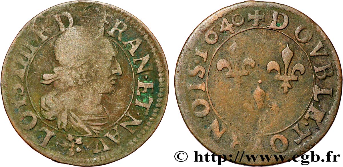 LOUIS XIII LE JUSTE Double tournois au grand buste viril drapé 1640 Rouen TB+