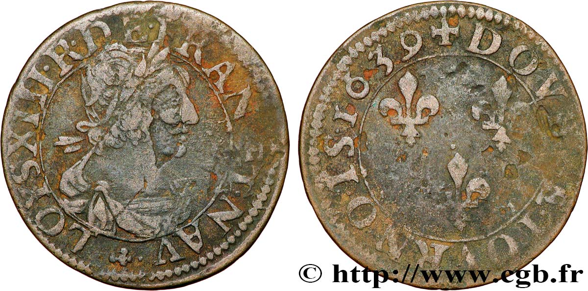 LOUIS XIII Double tournois, au grand buste viril drapé 1639 Ateliers de l’axe Loire-Rhône VF