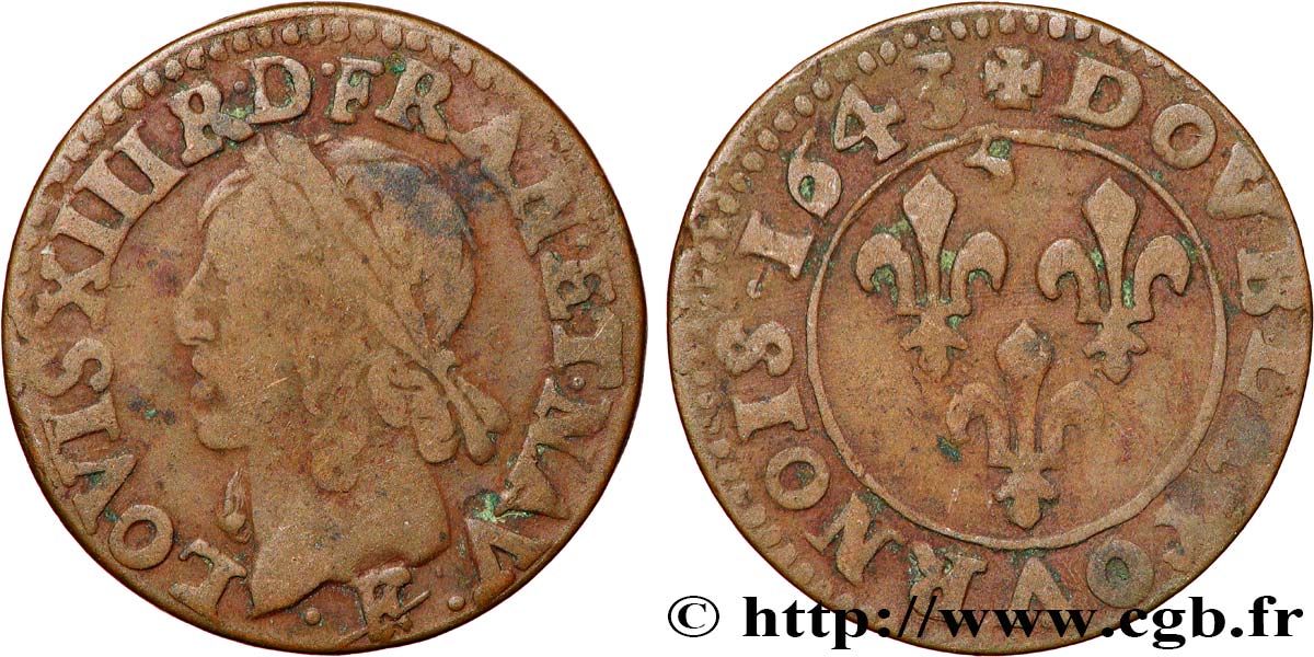 LOUIS XIII  Double tournois, type de Warin 1643 Feurs fSS