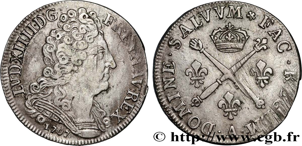 LOUIS XIV  THE SUN KING  20 sols aux insignes 1707 Paris SS/fVZ