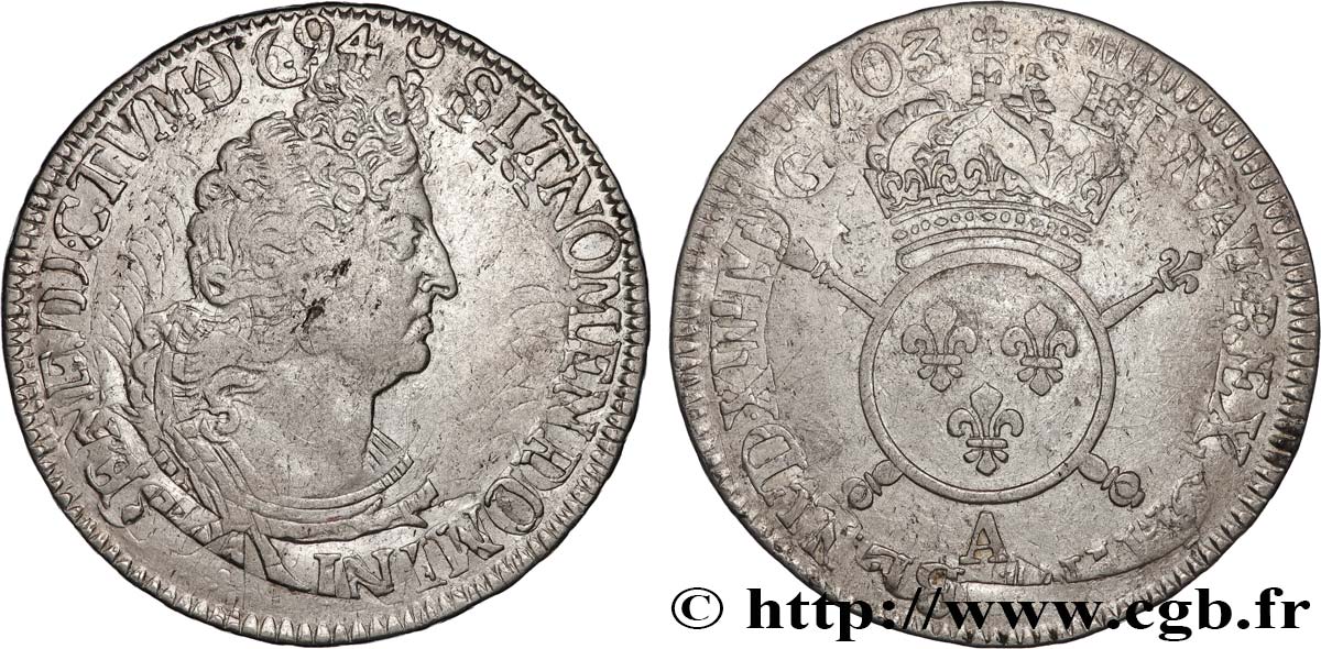 LOUIS XIV  THE SUN KING  Demi-écu aux insignes 1703 Paris BC