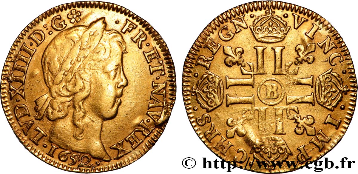 LOUIS XIV  THE SUN KING  Louis d’or aux huit L, portrait à la mèche longue 1652 Rouen SS