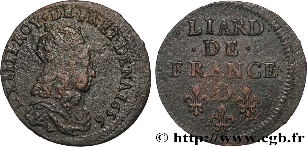 LOUIS XIV  THE SUN KING  Liard de cuivre, 2e type 1655 Vimy-en-Lyonnais (actuellement Neuville-sur-Saône) XF/AU