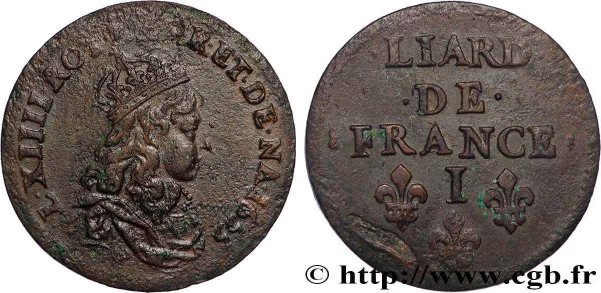 LOUIS XIV  THE SUN KING  Liard de cuivre 1655 Limoges MBC+/EBC
