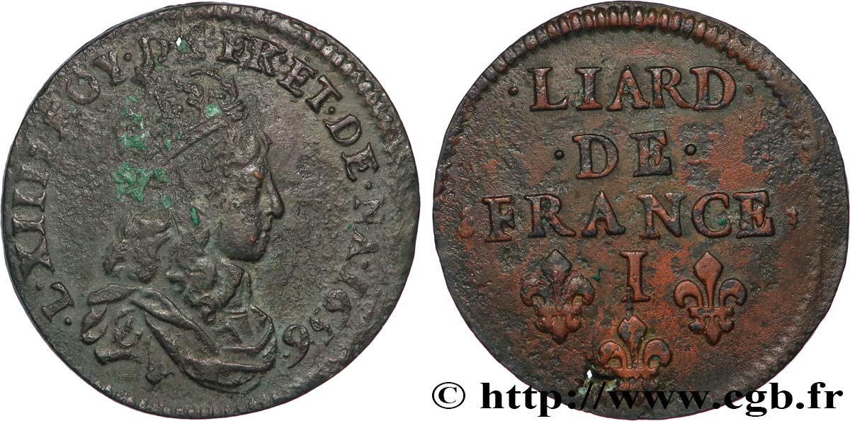 LOUIS XIV  THE SUN KING  Liard de cuivre 1656 Limoges BB/SPL