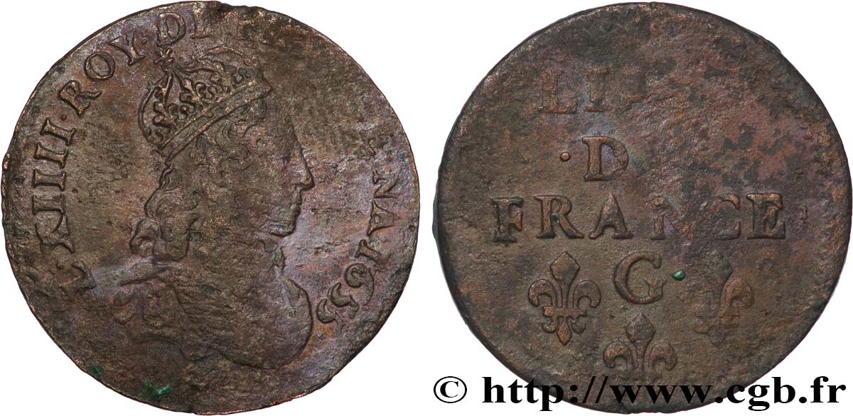 LOUIS XIV  THE SUN KING  Liard de cuivre, 2e type 1655 Montreuil-Bonnin BC+