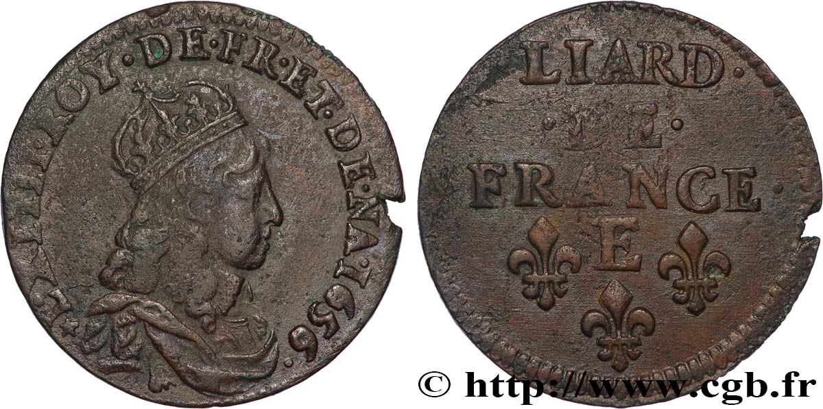 LOUIS XIV LE GRAND OU LE ROI SOLEIL Liard de cuivre, 2e type 1656 Meung-sur-Loire TTB+