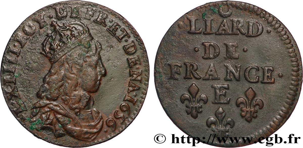 LOUIS XIV LE GRAND OU LE ROI SOLEIL Liard de cuivre, 2e type 1656 Meung-sur-Loire TTB+