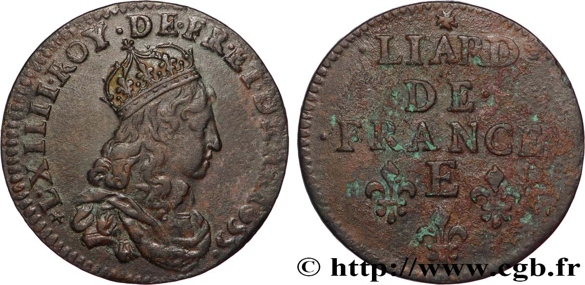 LOUIS XIV  THE SUN KING  Liard de cuivre, 2e type 1655 Meung-sur-Loire EBC/MBC+