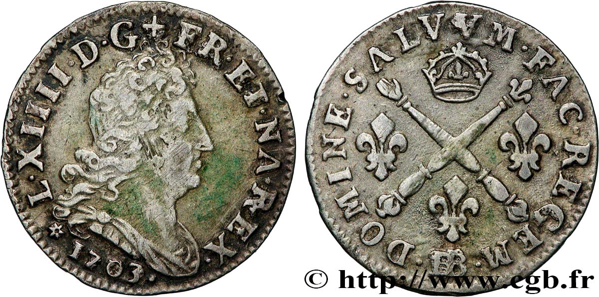 LOUIS XIV LE GRAND OU LE ROI SOLEIL Cinq sols aux insignes 1703 Strasbourg TTB
