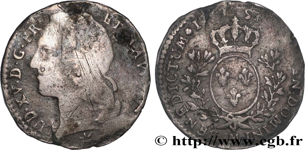 LOUIS XV DIT LE BIEN AIMÉ Dixième d écu aux branches d’olivier, tête ceinte d’un bandeau 1757 Toulouse B+/TB+