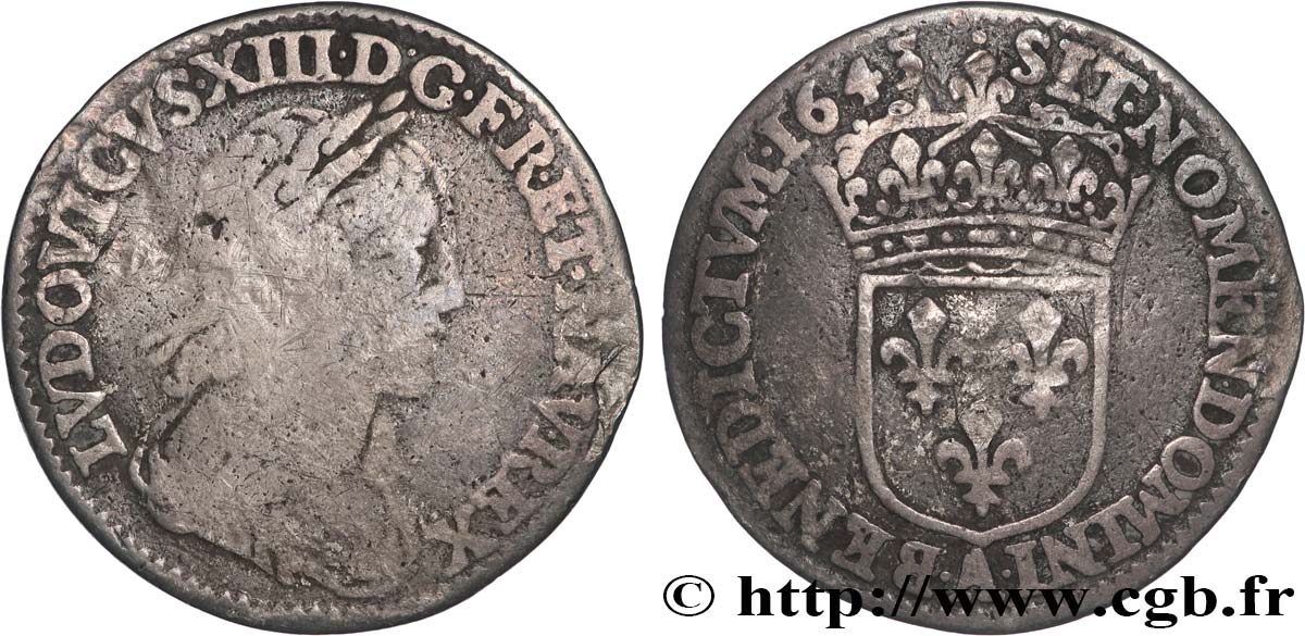 LOUIS XIII LE JUSTE Douzième d écu, buste drapé et cuirassé (2e buste de Jean Warin) 1643 Paris, Monnaie du Louvre TB+/TTB