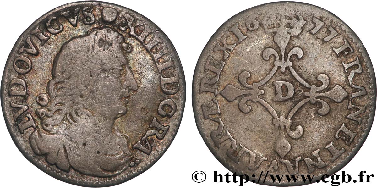 LOUIS XIV LE GRAND OU LE ROI SOLEIL Quatre sols à la croix formée de lis 1677 Vimy-en-Lyonnais (actuellement Neuville-sur-Saône) TB+