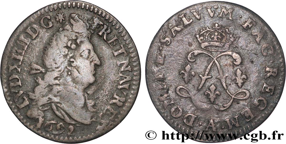 LOUIS XIV LE GRAND OU LE ROI SOLEIL Quatre sols aux deux L 1692 Paris TB+