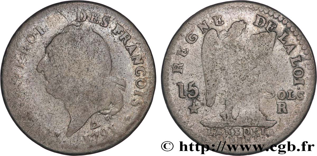 LOUIS XVI (MONARQUE CONSTITUTIONNEL)  15 sols dit  au génie , type FRANCOIS 1791 Orléans B+/TB
