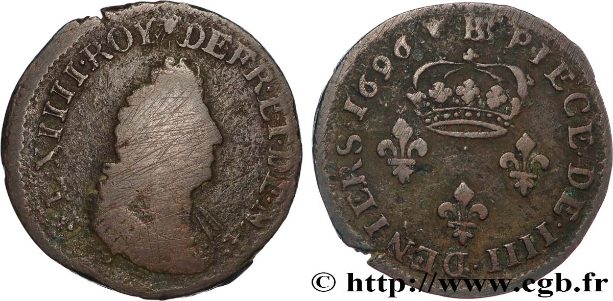 LOUIS XIV  THE SUN KING  IIII deniers 1696 Strasbourg VF/VF