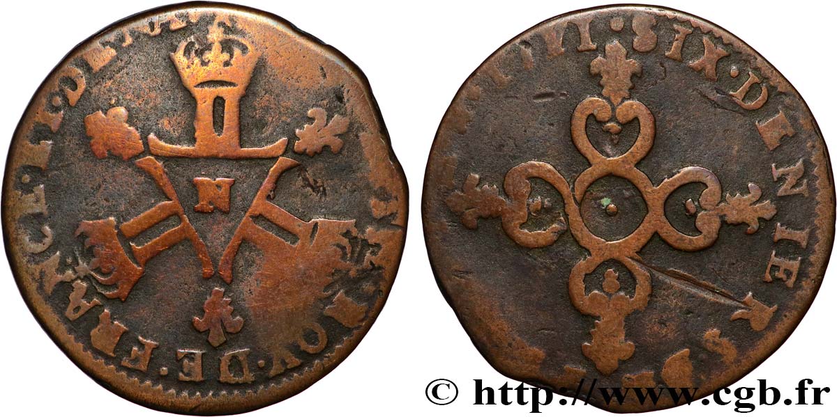 LOUIS XIV LE GRAND OU LE ROI SOLEIL Six deniers dits  Dardennes  1711 Montpellier TB