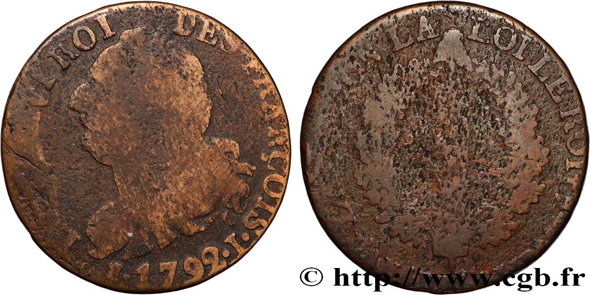 LOUIS XVI (MONARQUE CONSTITUTIONNEL)  6 deniers dit  au faisceau , type FRANÇOIS 1792 Limoges B+