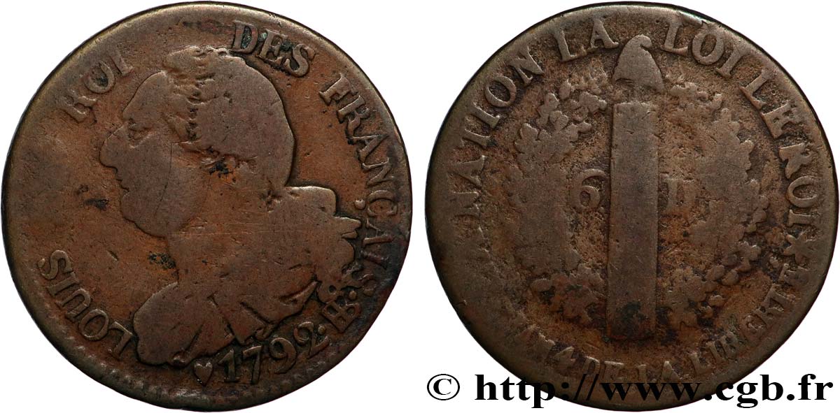 LOUIS XVI (MONARQUE CONSTITUTIONNEL)  6 deniers dit  au faisceau , type FRANÇAIS 1792 Strasbourg TB
