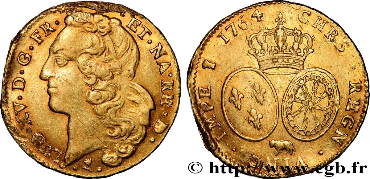 LOUIS XV THE BELOVED Double louis d’or aux écus ovales, tête ceinte d’un bandeau 1764 Pau XF