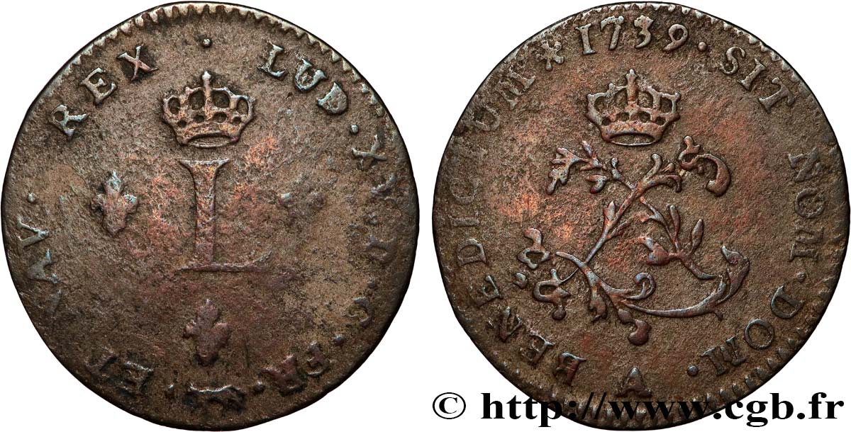 LOUIS XV DIT LE BIEN AIMÉ Double sol de billon 1739 Paris TB+