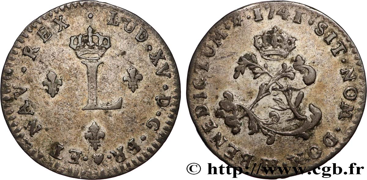 LOUIS XV  THE WELL-BELOVED  Double sol de billon 1741 Strasbourg XF