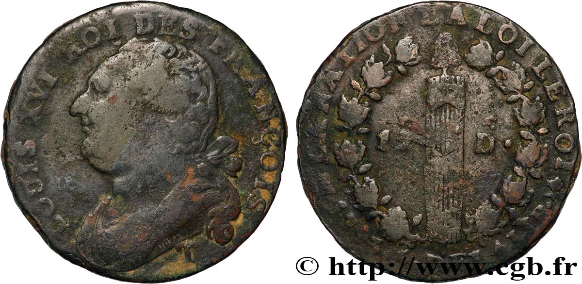 LOUIS XVI (MONARQUE CONSTITUTIONNEL)  12 deniers dit  au faisceau , type FRANCOIS 1793 Nantes TB