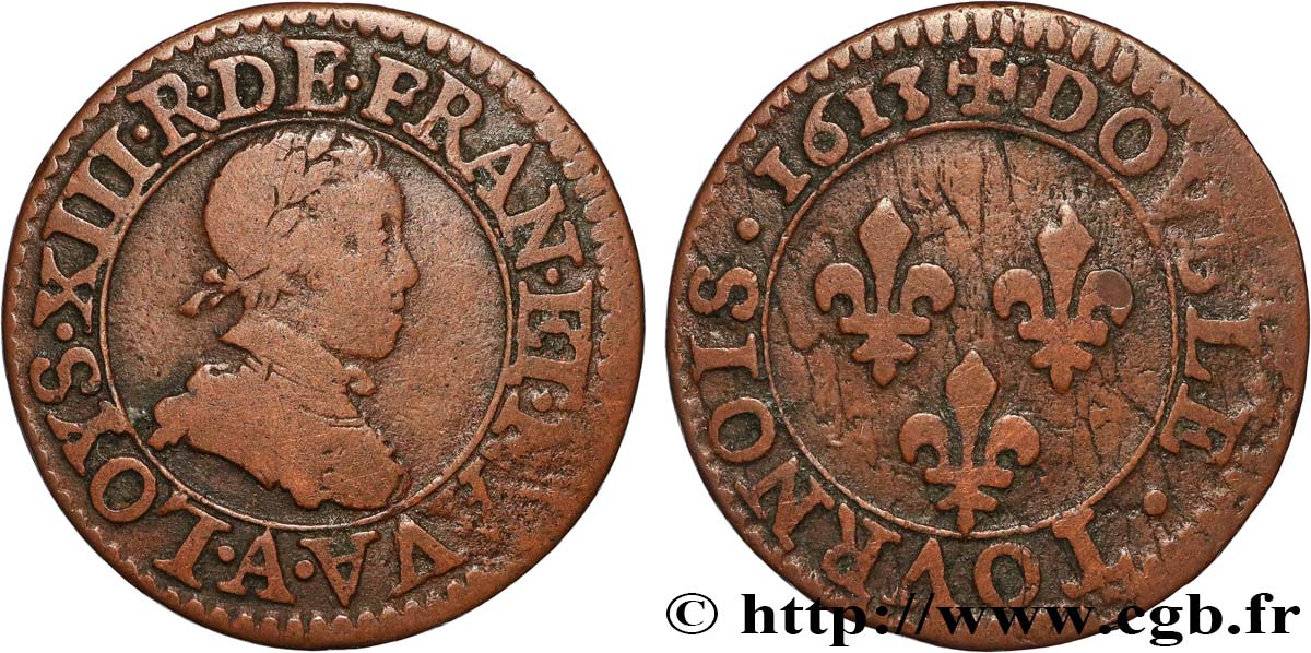 LOUIS XIII  Double tournois, type 1 1613 Paris, Moulin du Louvre BC+