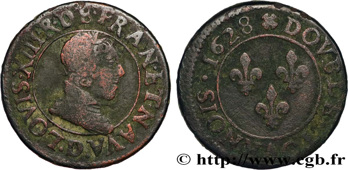 LOUIS XIII Double tournois, 6e type 1628 Lyon VF